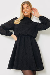 Broderie High Neck Frill Hem Mini Dress