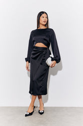 Black Satin Wrap Midi Skirt