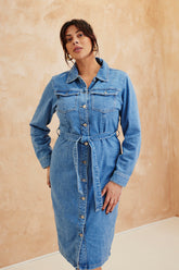 Button Through Tie Waist Denim Dress