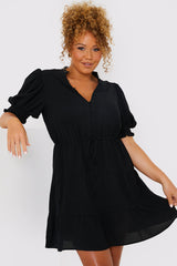 Drawstring Waist Balloon Sleeve Mini Dress