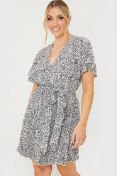 Animal Print Pleated Wrap Mini Dress