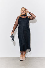 Black Mesh Metallic Detail Maxi Dress with Removable Jersey Slip Dress