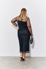 Black Mesh Metallic Detail Maxi Dress with Removable Jersey Slip Dress