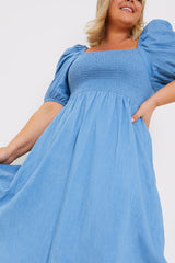 Chambray Shirred Balloon Sleeve Midi Dress