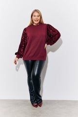 Burgundy Sequin Balloon Sleeve Knitted Jumper