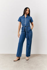 Blue Short Sleeve Denim Jumpsuit