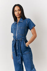 Blue Short Sleeve Denim Jumpsuit