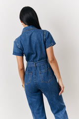 Blue Short Sleeve Denim Jumpsuit