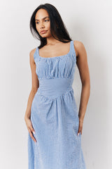 Blue Seersucker Gingham Milkmaid Midaxi Dress