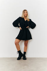 Balloon Sleeve Pintuck Tie Waist Detail Mini Dress
