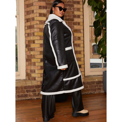 Chi Chi London Plus Size Contrast Trim Belted Shearling Coat in Black