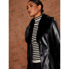 Chi Chi London Faux Leather Longline Coat with Faux Fur Trim in Black