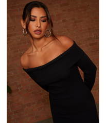 Chi Chi London Bardot Split Detail Midi Jumper Dress in Black