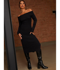Chi Chi London Bardot Split Detail Midi Jumper Dress in Black