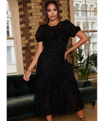 Chi Chi London Short Sleeve Sheer Detail Dobby Midi Dress in Black