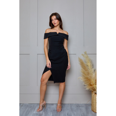 Bardot Split Detail Bodycon Midi Dress in Black