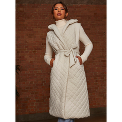 Diamond Quilted Longline Belted Gilet in Cream