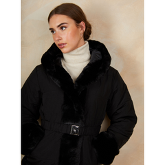 Faux Fur Belted Padded Coat in Black