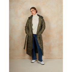Check Padded Longline Belted Coat in Khaki