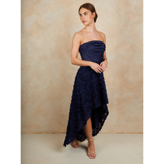 3D Floral Dip Hem Dress in Navy