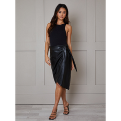 Faux Leather Wrap Midi Skirt in Black