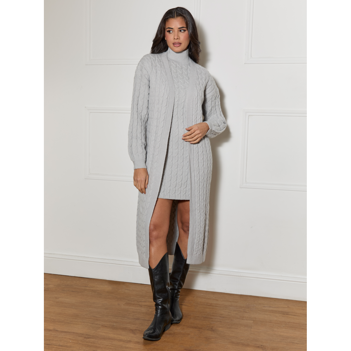 Chi Chi London All-Over Knitted Cable High Neck Mini Dress in Grey