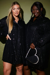 Black Sequin Oversized Shirt Dress