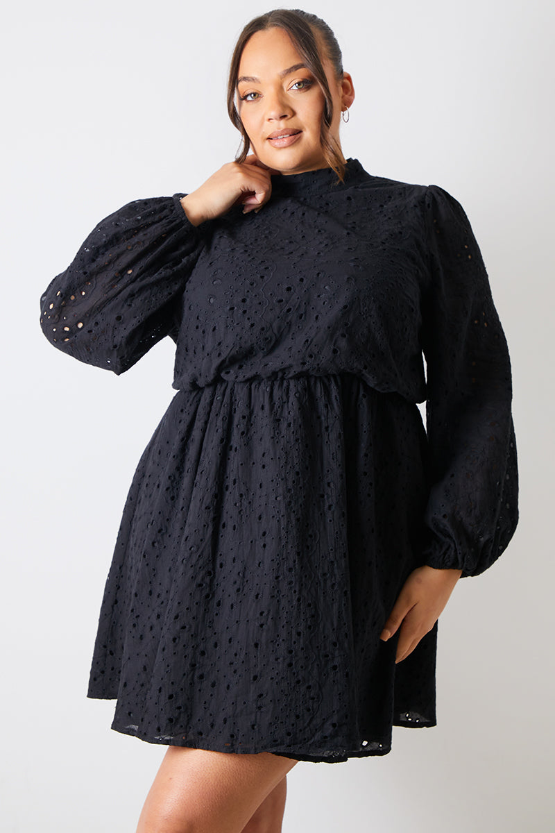 Broderie High Neck Frill Hem Mini Dress