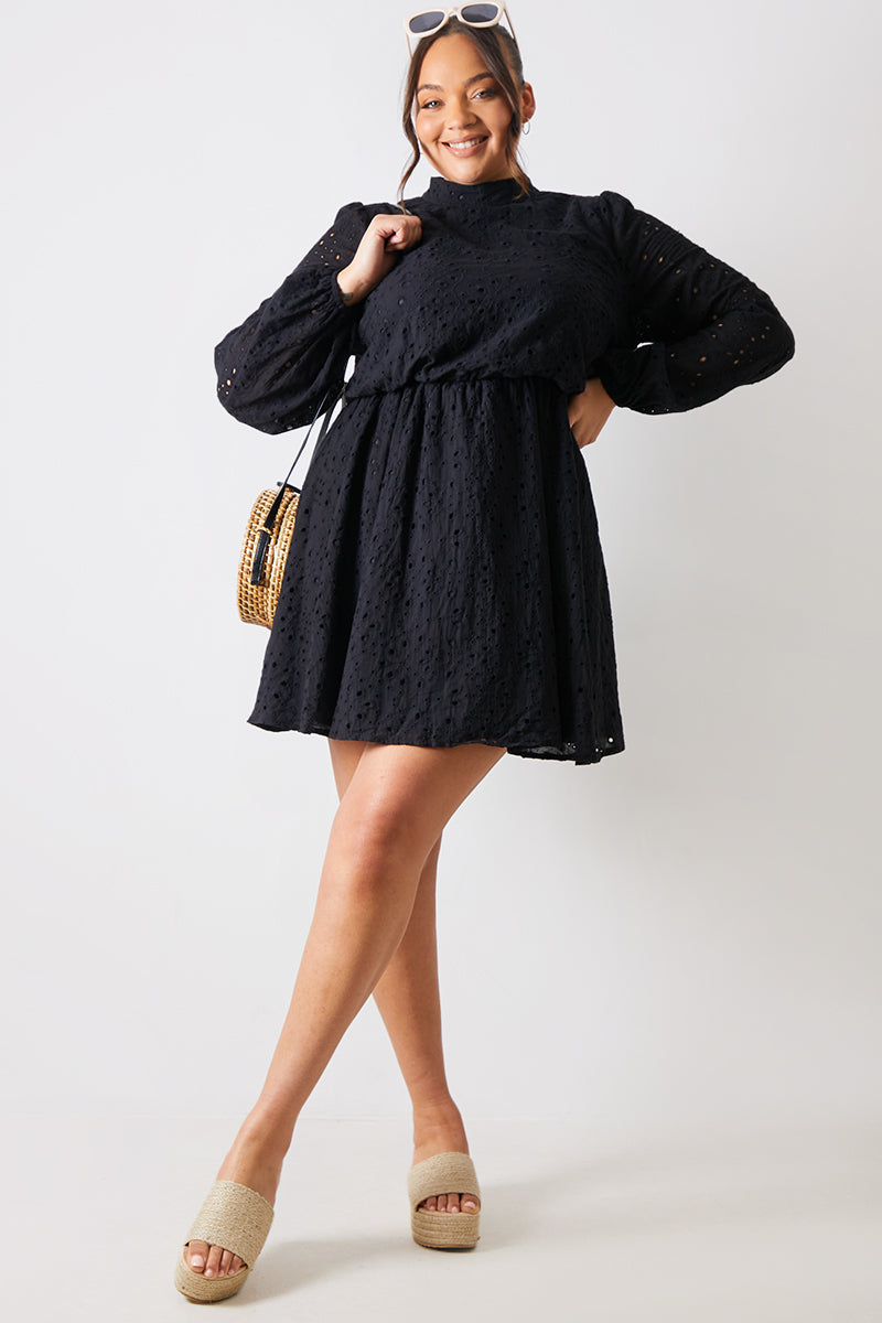 Broderie High Neck Frill Hem Mini Dress