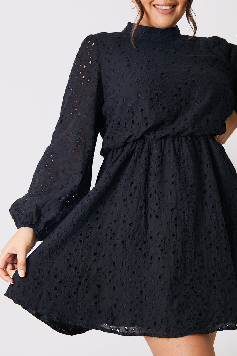 Broderie High Neck Frill Hem Mini Dress