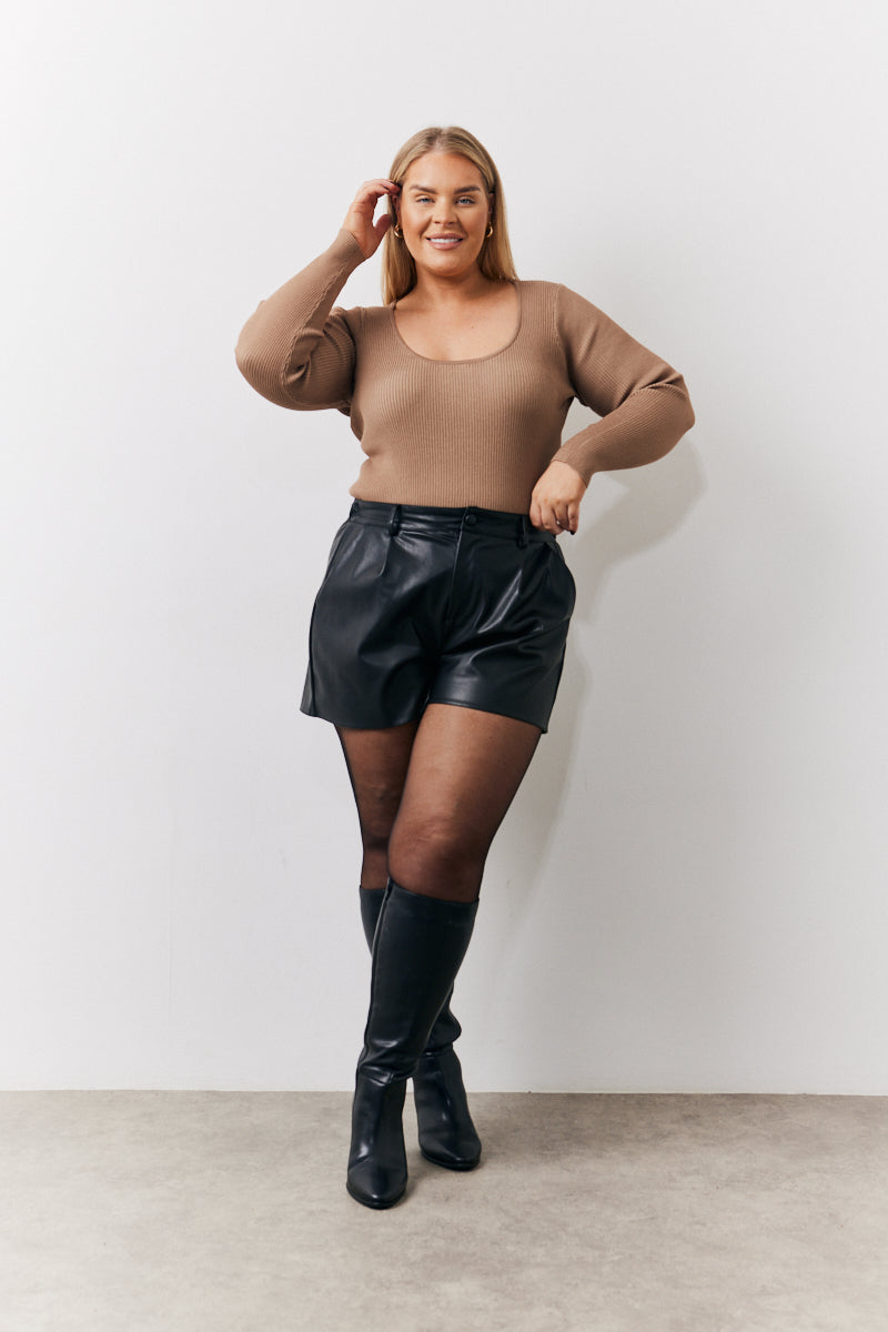 Camel Rib Knitted Scoop Neck Long Sleeve Top