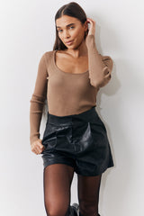 Camel Rib Knitted Scoop Neck Long Sleeve Top