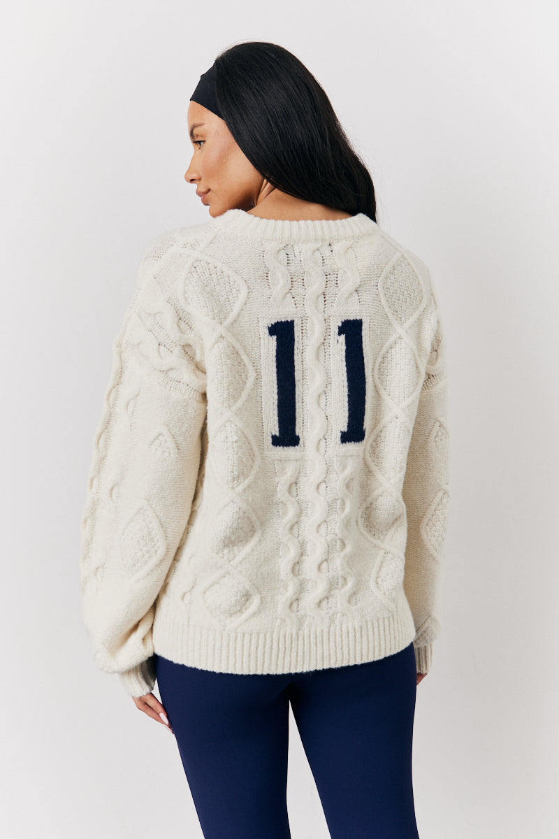 Cream 90's Varsity Cable Knitted Sweater