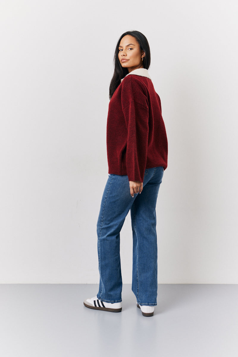 Burgundy 90's Collared Knitted Rugby Sweater