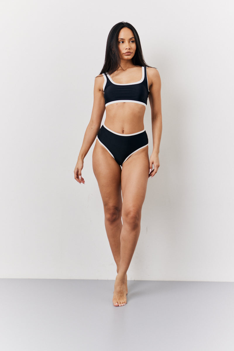 Black Contrast Binding High Waist Bikini Bottoms