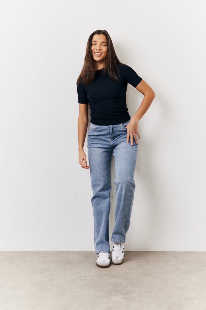 Black Ribbed Crew Neck Short Sleeve Top