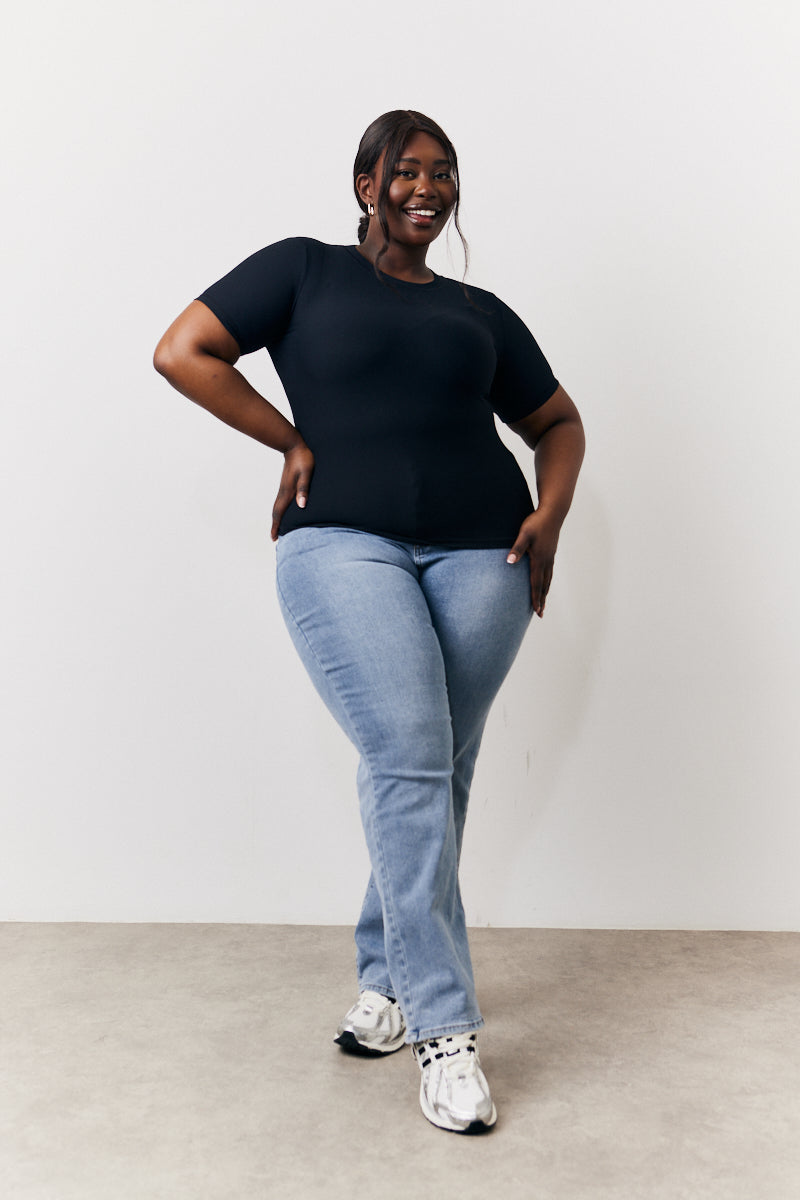 Black Ribbed Crew Neck Short Sleeve Top