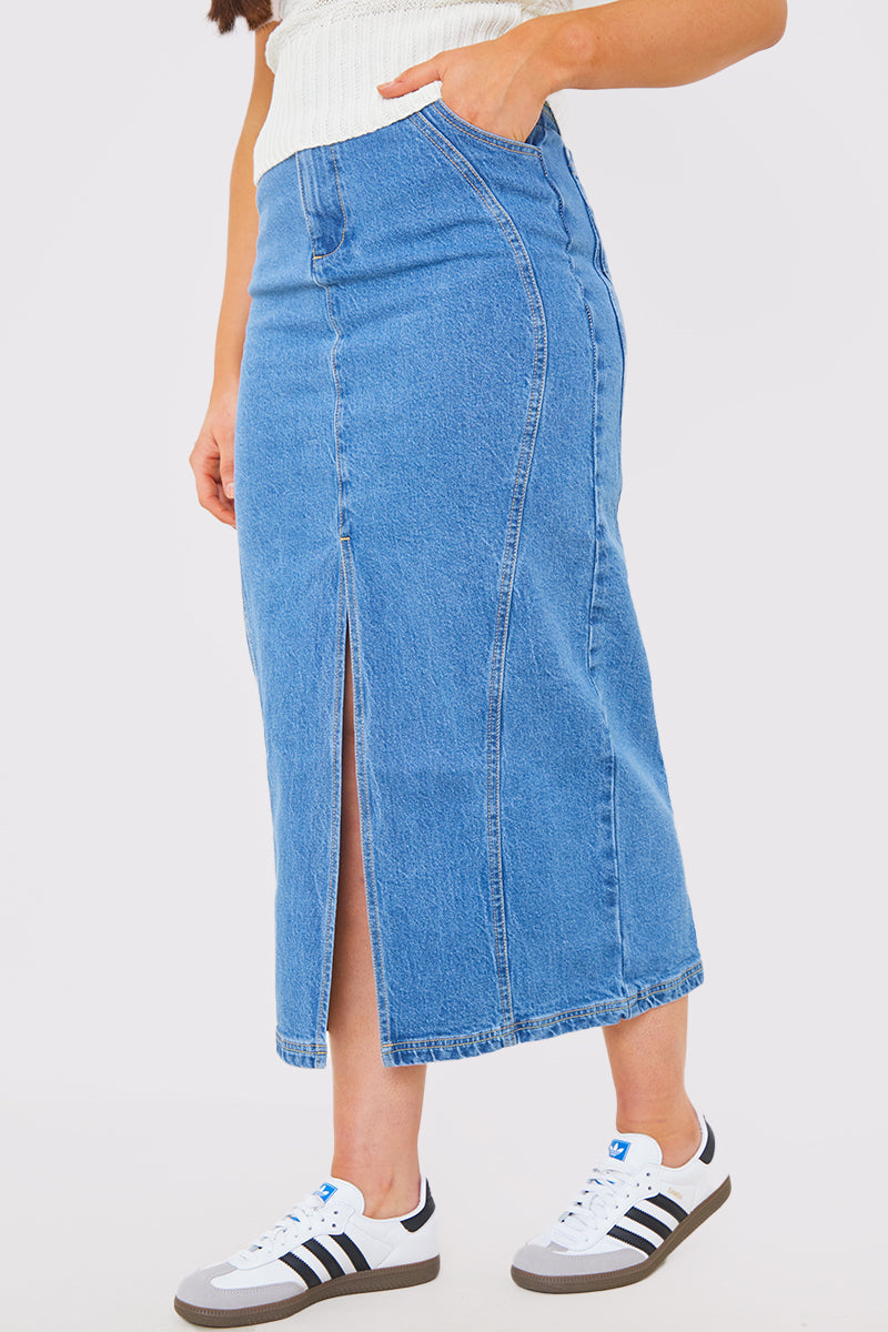 Denim Split Midaxi Skirt