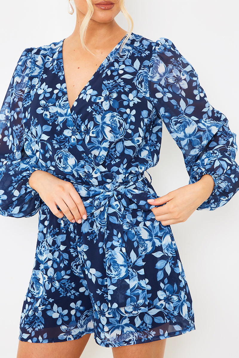 Floral Chiffon Wrap Belted Balloon Sleeve Playsuit