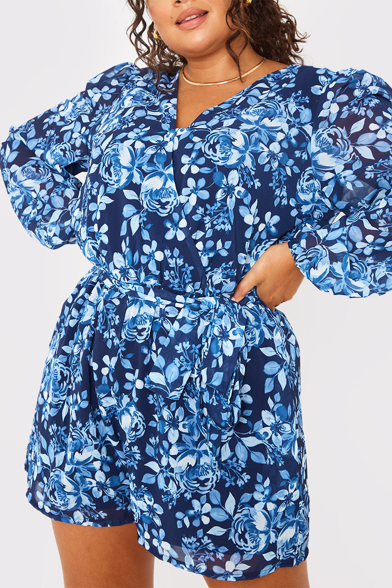 Floral Chiffon Wrap Belted Balloon Sleeve Playsuit