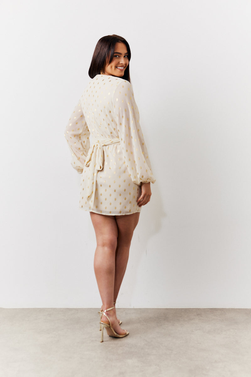 Cream Gold Fleck Detail Belted Mini Dress