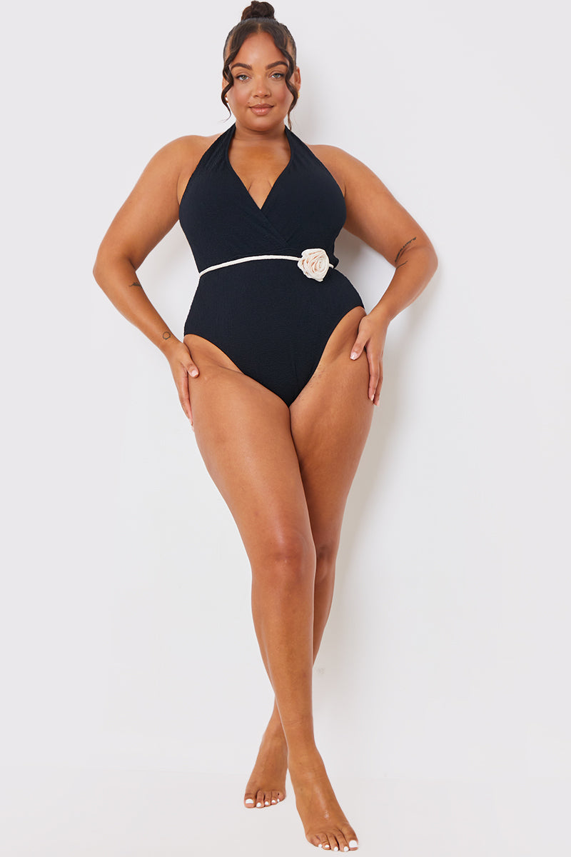 Control Halter Wrap Swimsuit With Removable Corsage Belt