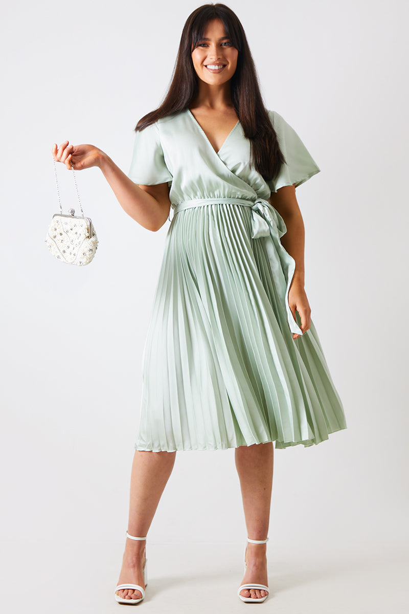 Angel Sleeve Pleated Wrap Midi Dress