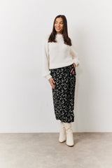 Black Floral Wrap Midi Skirt