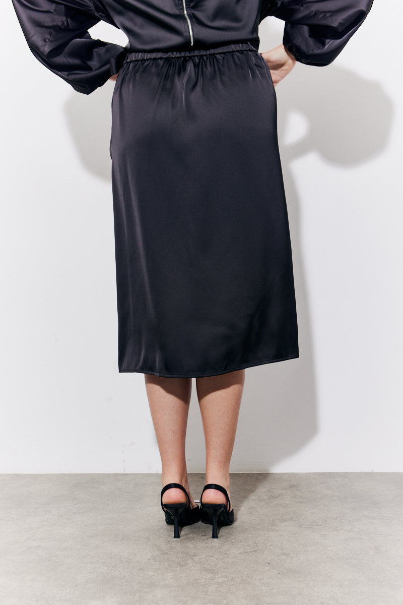 Black Satin Wrap Midi Skirt