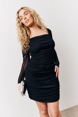 Black Mesh Ruched Detail Mini Dress