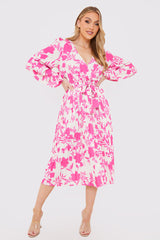 Floral Print Long Sleeve Pleated Midi Dress