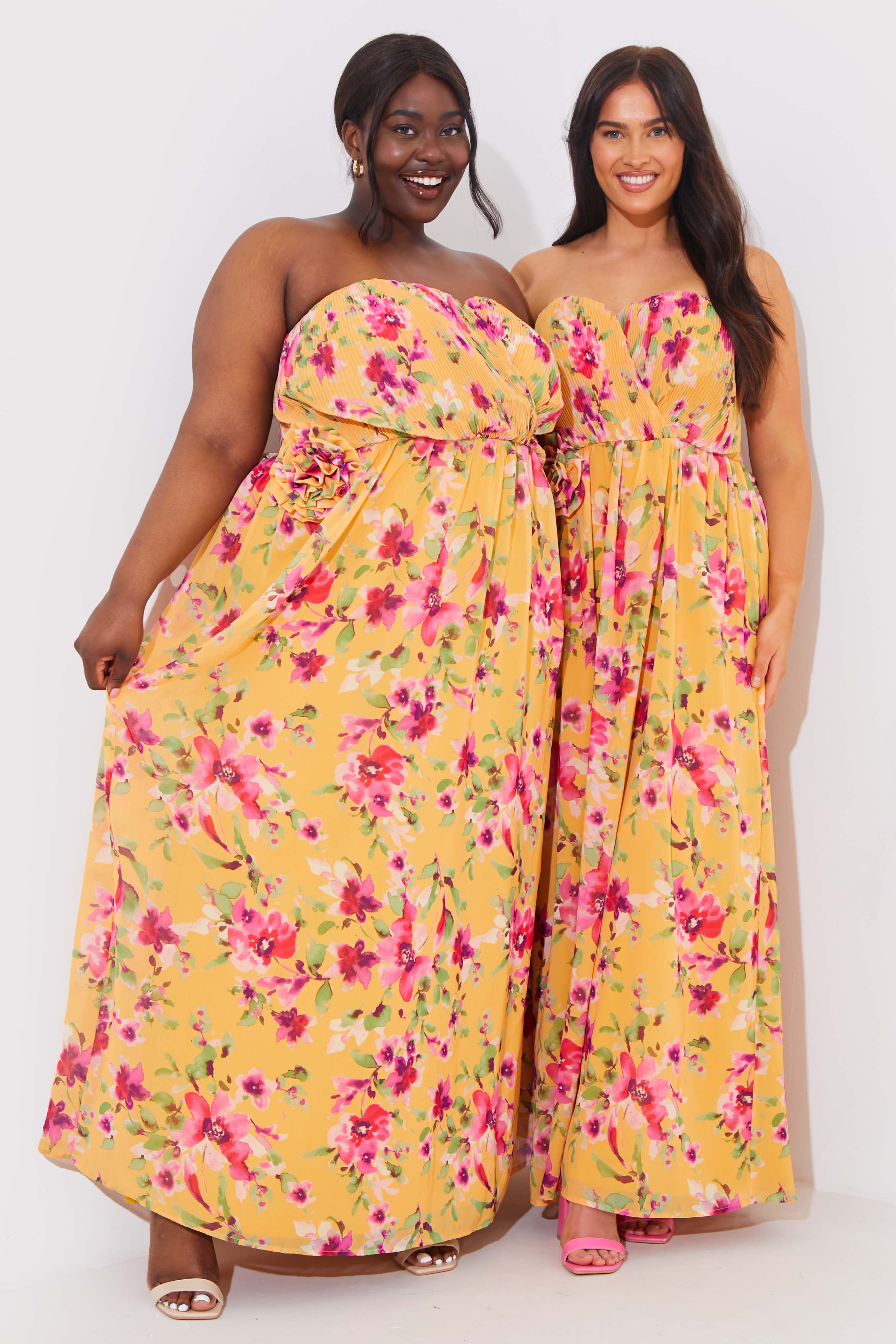 Floral Plisse Bandeau Maxi Dress With Removable Corsage