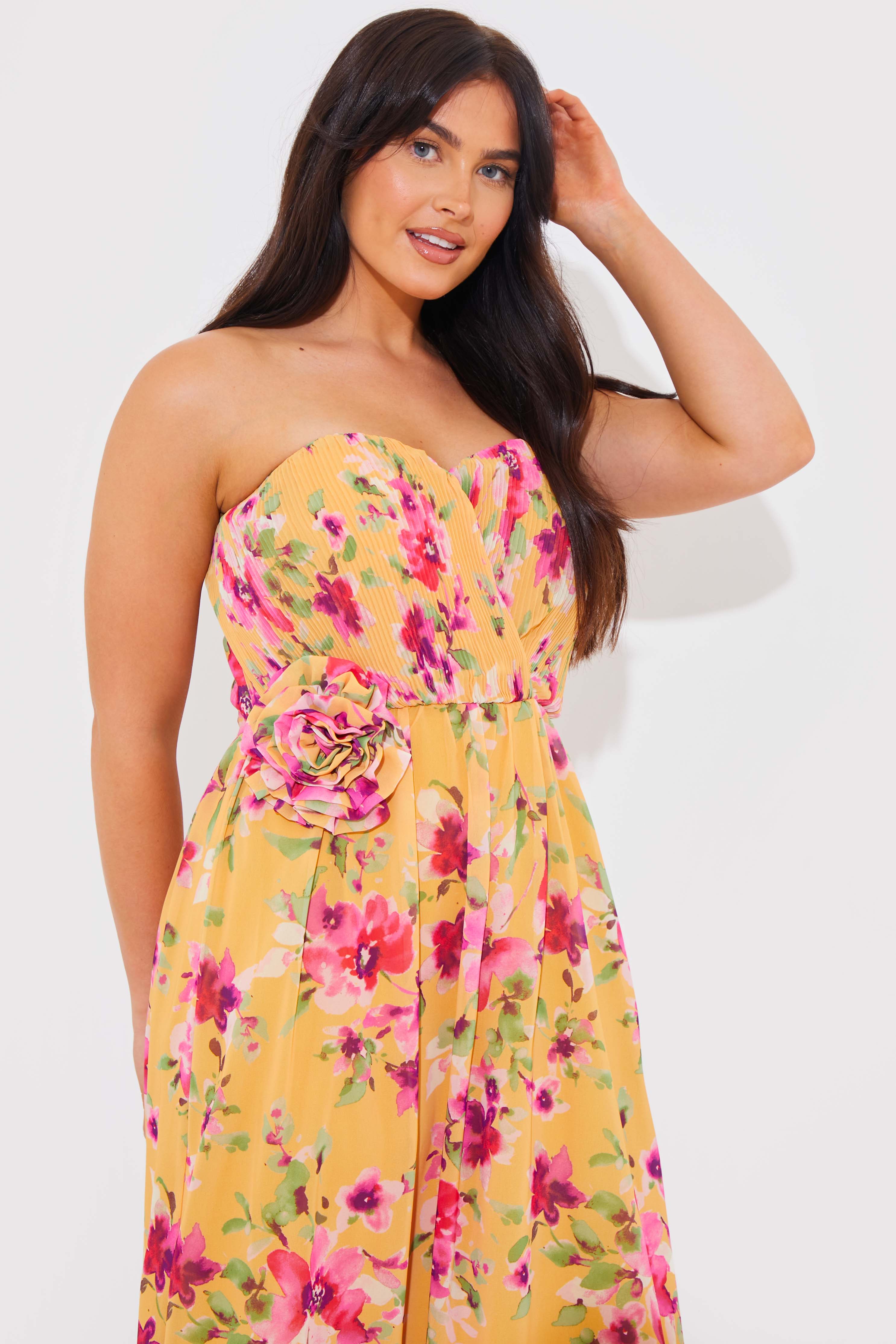 Floral Plisse Bandeau Maxi Dress With Removable Corsage
