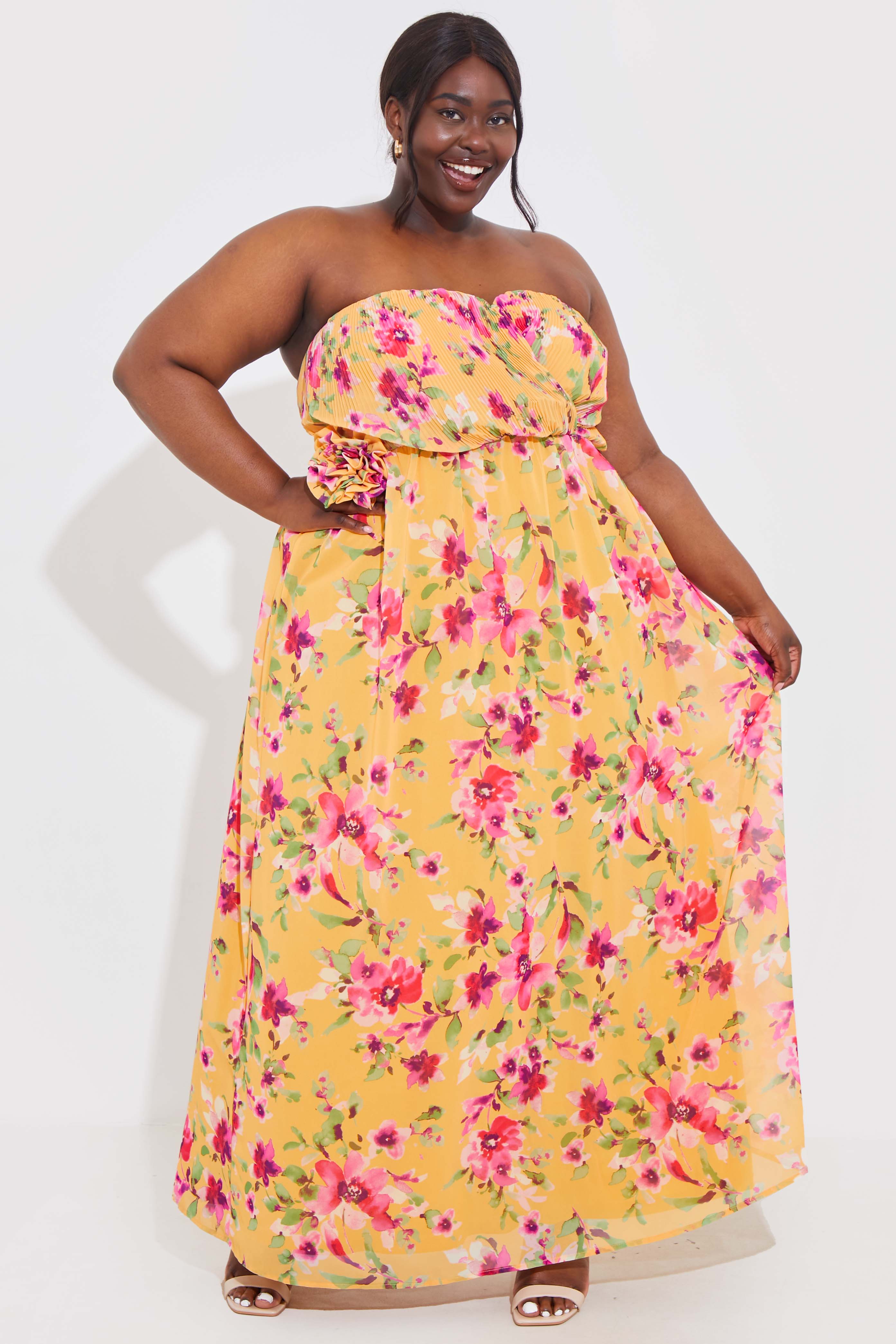 Floral Plisse Bandeau Maxi Dress With Removable Corsage